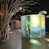 Illuminated strings of lights resembling a tree next to various installments within Caracol Museo de Ciencias